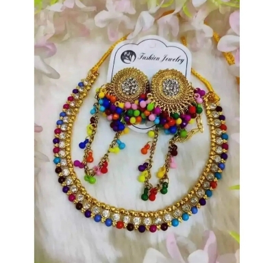 Picture of Stylish Indian gold plated necklace set for_women-3 Part Earrings & Tikli NEW Jewellery beautiful har Set for Women