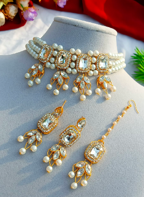 Picture of Flower Degain & White Pearl Choker Necklace With Earring For Women - Necklace