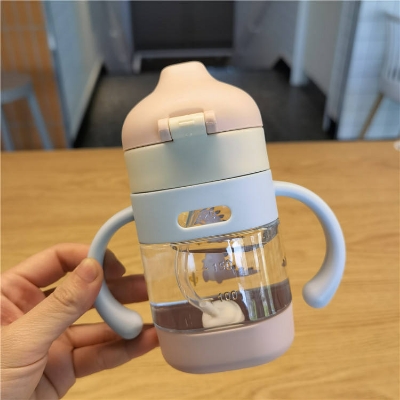 Picture of 200ml Cartoon Cute Handle Plastic Water Bottle With Straw for Baby Kids Girl Boy Student