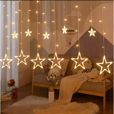 Picture of Star Fairy Light/Curtain Fairy Light /Porda Fairy Light/Golden Big Star Curtain Light, 12 Hanging Golden Star String Lights, Drawing Room Decoration Led Curtain String Light Fairy Led - Fairy Lights