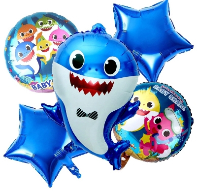 Picture of 5pcs Baby Shark Theme Birthday Decoration Items with Star Foil Balloons, Shark Foil Balloon