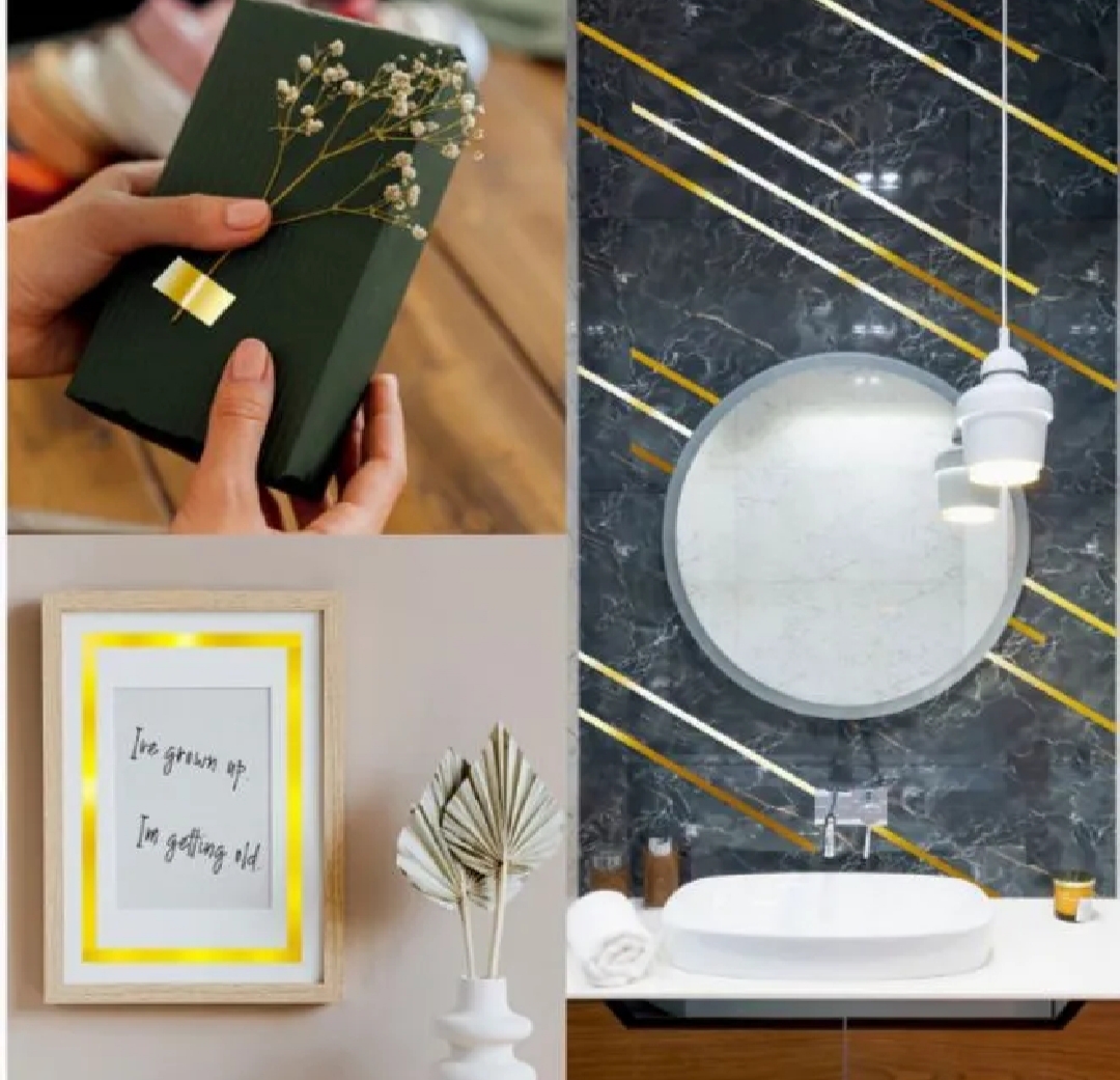 Picture of 2 Roll Gold mirror Tape half inchi Self-Adhesive Metallized Polyester Film Tape gold Graphic Art Tape For Decorating Walls, Cars, Boats DIY gold Foil Tape Mirror Tape