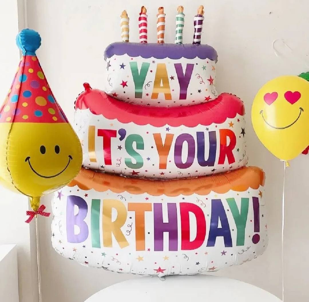 Picture of Large Birthday Three Layer Cake Candle Stripe Polka Dot Foil Balloon/Birthday Party photo Props Scene Decoration