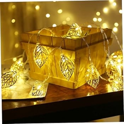 Picture of Golden 3D Leaf Metal Fairy String Lights – LED Decorative Bulb Lantern for Home, Wedding & Party
