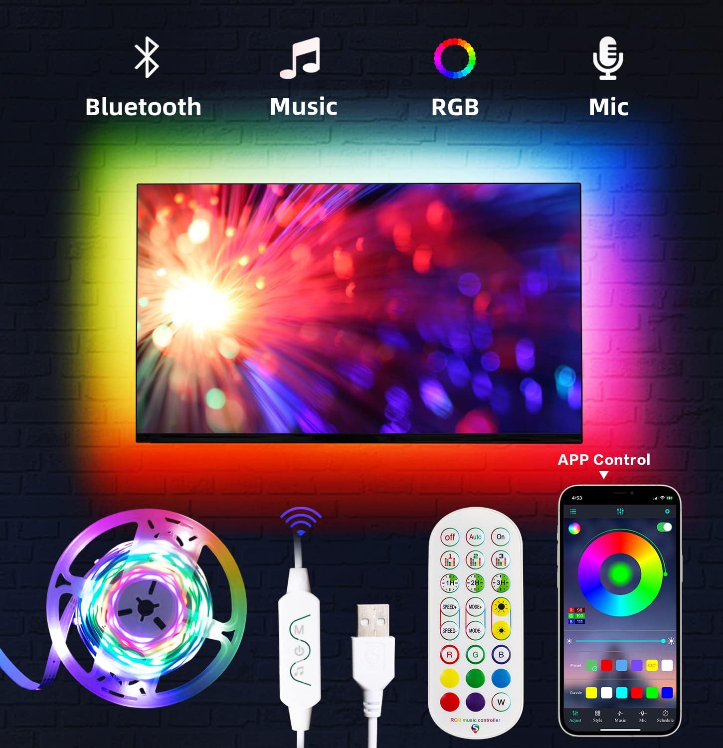 Picture of 5 Meter Mobile Apps control Strip Lights, Music sync and Remote Control for TV/PC