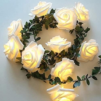 Picture of Rose String Light with Green Leaves,  3M/9.81ft 20LED Warm White Rattan Flowers Fairy Lights, Decorative Lights for Birthday Party Wedding Festival