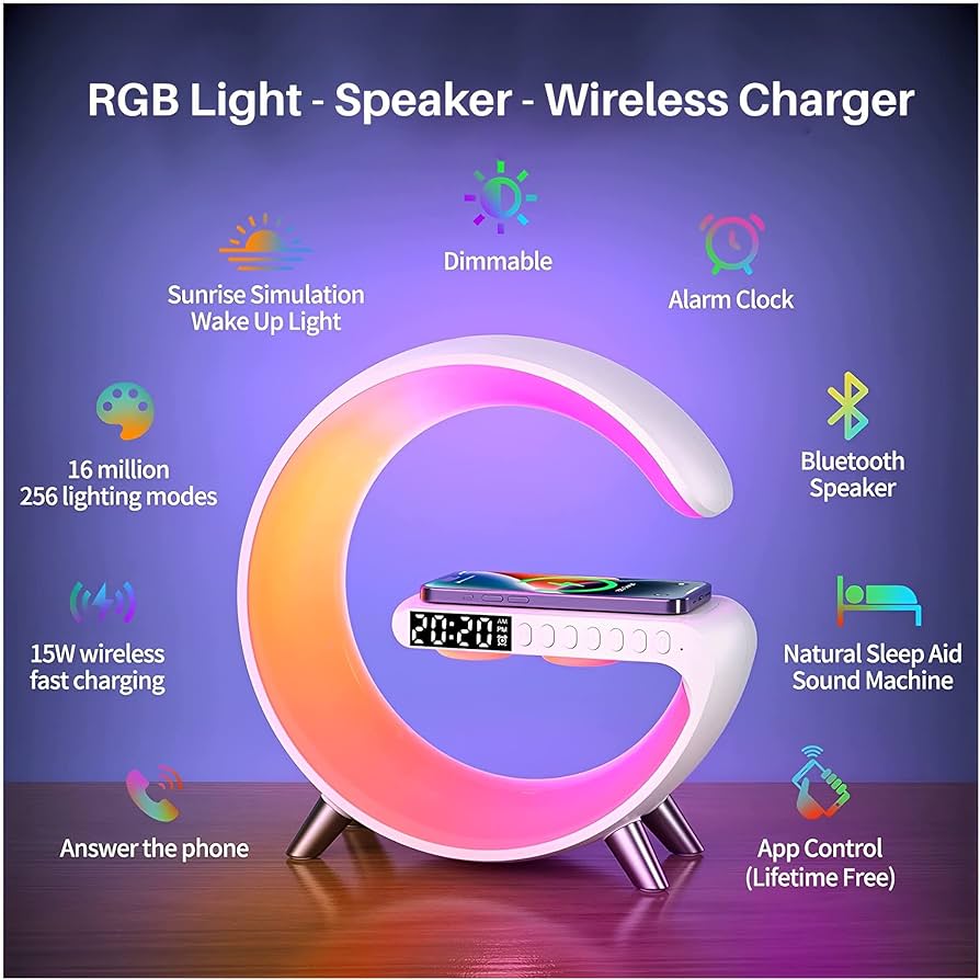 Picture of G Speaker Lamp -G63 4 In 1 Multi-Function Bluetooth Speaker With Wireless Charging, RGB Light and Alarm Clock - Charger G Lamp with Sunrise Alarm for Bedroom & Bedside table (G Speaker)