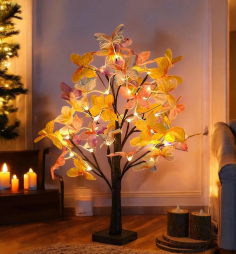 Picture of LED Butterfly Birch Tree Lights Artificial Tree Lamp Lighted Bonsai Tree 3 AA or USB Powered for Bedroom Fireplace Table Decoration(Black)