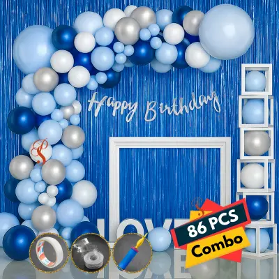 Blue Theme Birthday Party Combo- Metallic Balloon Arch Kit, Cursive Banner, Backdrop, & Decor Full Package- (Pack of 86 Pcs)