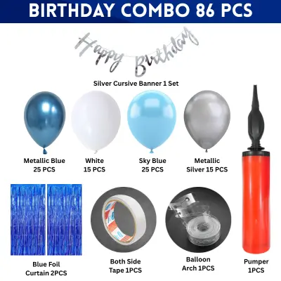 Blue Theme Birthday Party Combo- Metallic Balloon Arch Kit, Cursive Banner, Backdrop, & Decor Full Package- (Pack of 86 Pcs)