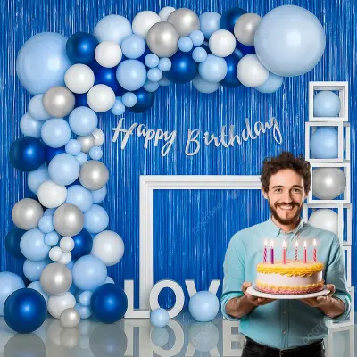 Blue Theme Birthday Party Combo- Metallic Balloon Arch Kit, Cursive Banner, Backdrop, & Decor Full Package- (Pack of 86 Pcs)