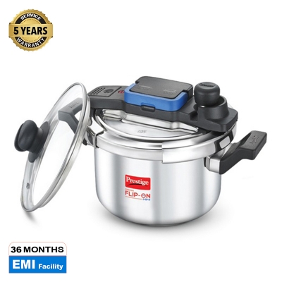 Picture of Prestige Svachh Flip-on Stainless Steel Gas and Induction Compatible Pressure Cooker with Glass Lid, (Silver) - 5 ltr 