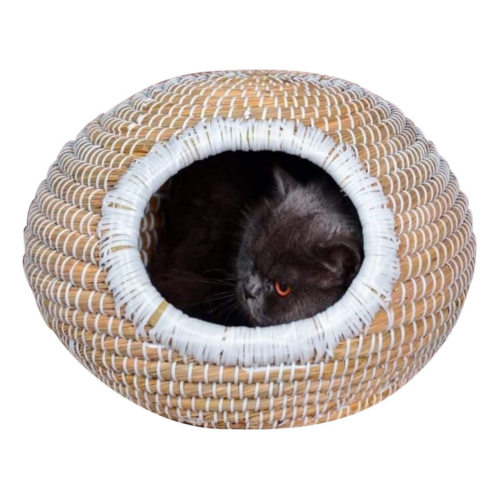 Picture of Imitation Rattan Cat Bed Cave Pet Bed Resting Small Animals Kennel Cat House Beige with 2 Mat