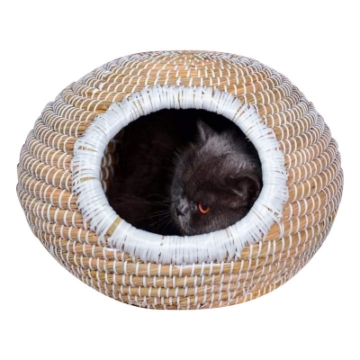Picture of Imitation Rattan Cat Bed Cave Pet Bed Resting Small Animals Kennel Cat House Beige with 2 Mat