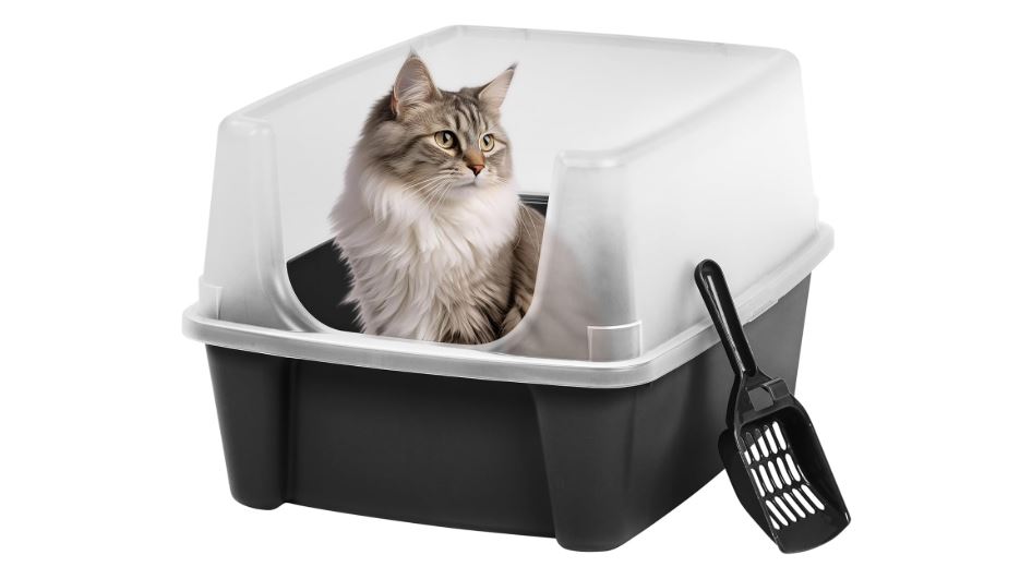 Picture of Iris Ohyama USA Large Open Top Cat Litter Tray with Scoop and Scatter Shield, Sturdy Easy to Clean Open Air Kitty Litter Pan with Tall Spray and Scatter Shield China