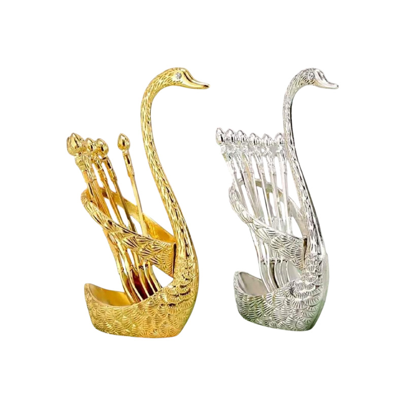 Picture of Spoon Set With Swan Stand - Silver and Gold