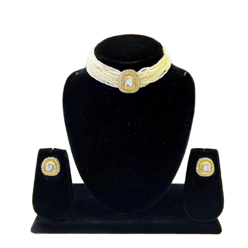 Picture of Exclusive quality indian white kundon pearl choker necklace with earring set