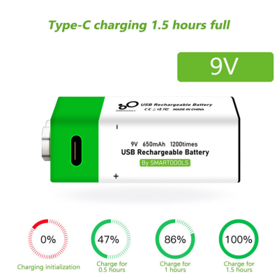 Picture of 9V Rechargeable Battery, SmarToools 9V Type-C Lithium Rechargeable Battery