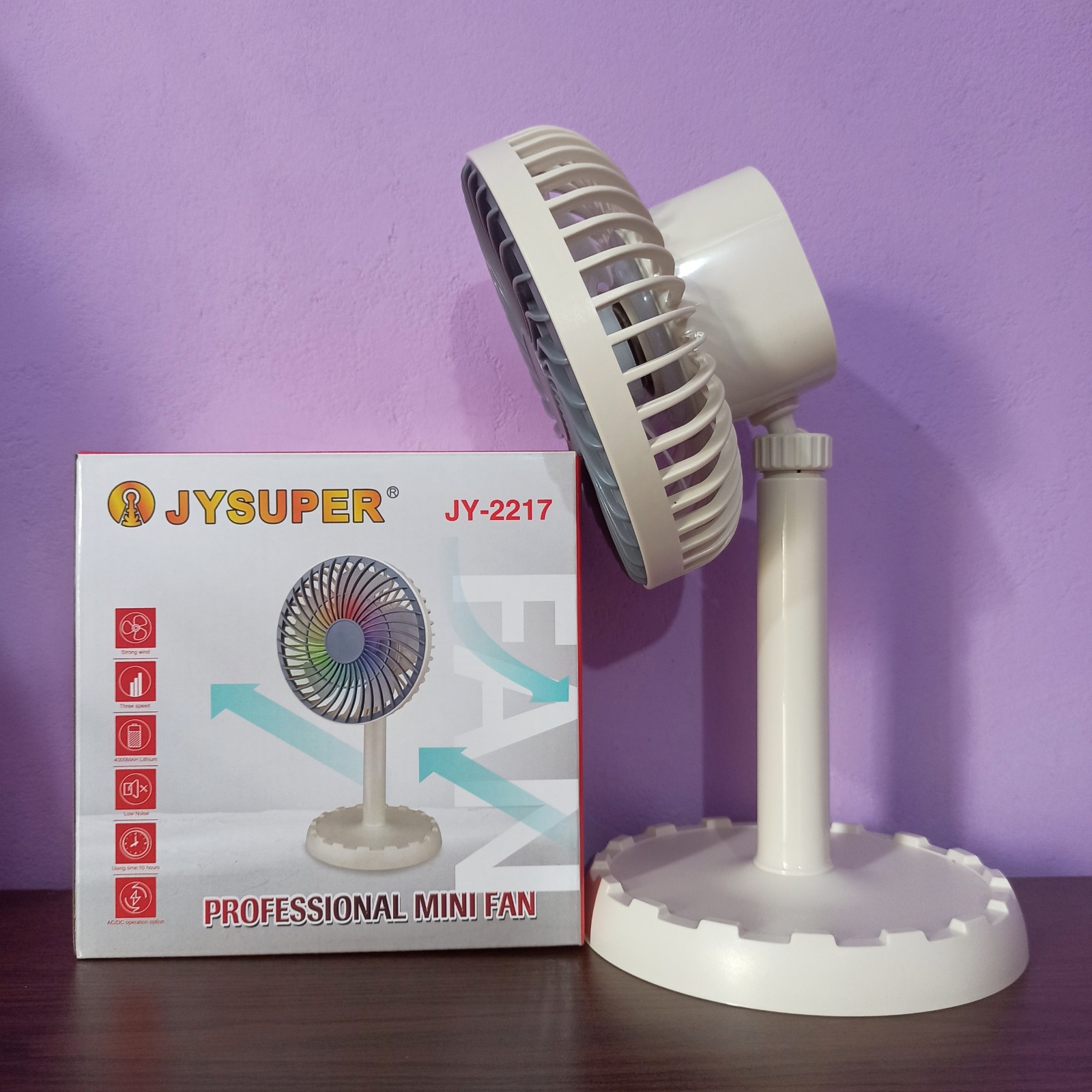 Picture of JY 2217 Fan Rechargeable RGB Mini AC/DC Portable Desk Fan JY Super 2217