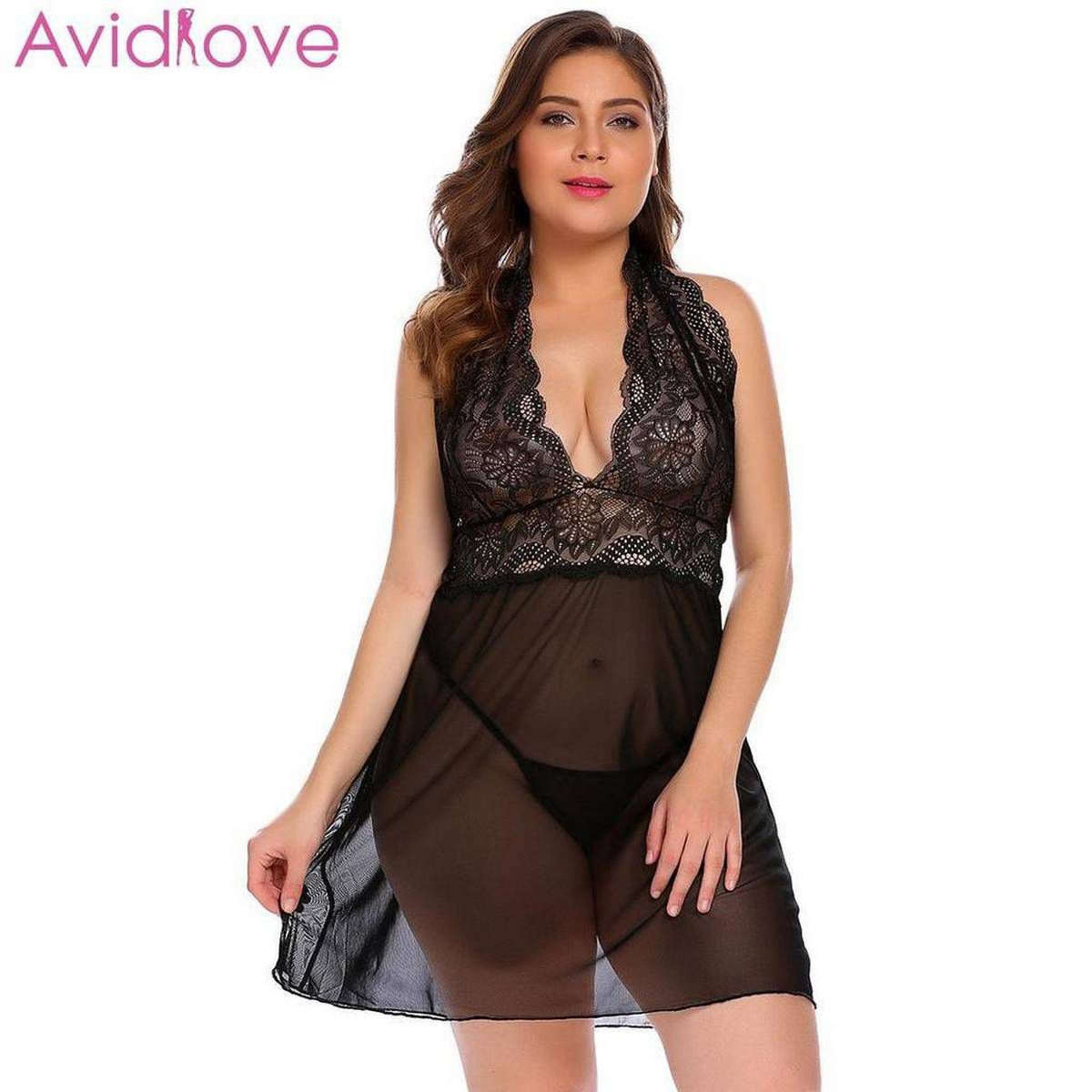 Picture of Sexy women and girls nightgown sleepwear night dress nightie babydoll chemise sleep wear nightdress nighty sleep shirt ladies lingerie robe (s43black)