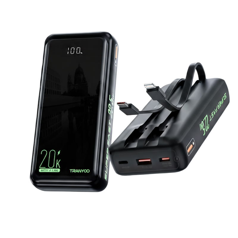 Picture of Tranyoo | T-K17 | 20000mAh Power Bank | 22.5W Fast Charging | Built-in Type-C & Lightning Cables | LED Display | Dual USB Output | Portable Charger for Android & iPhone