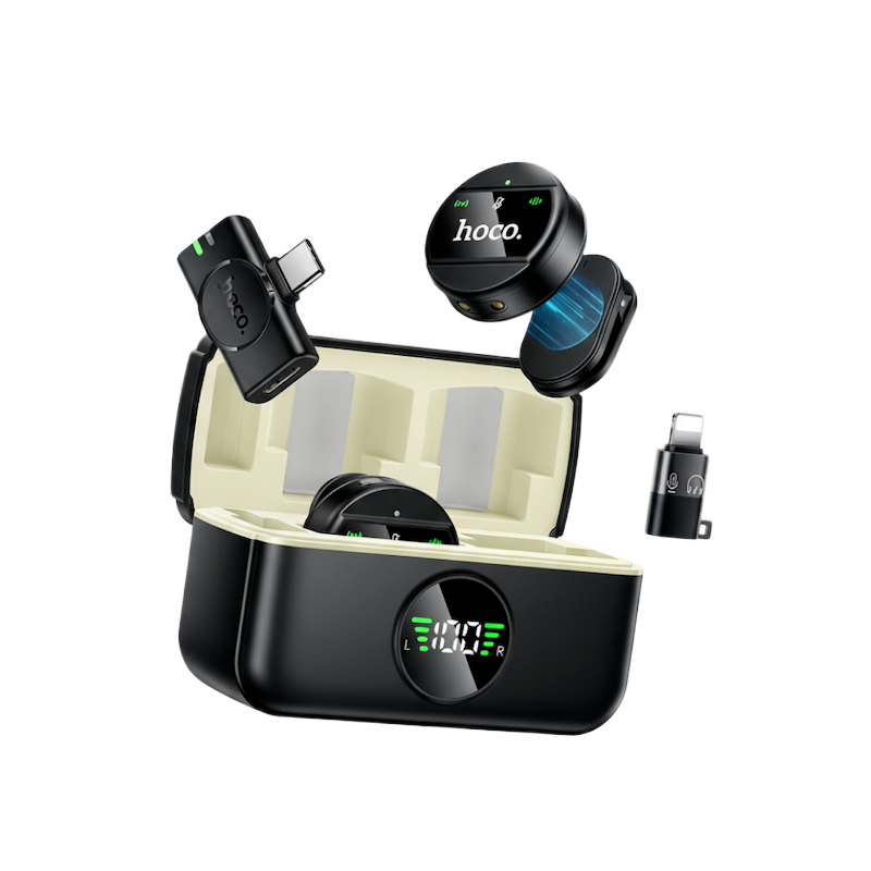 Picture of HOCO | L22 “Bright” Wireless Lavalier Microphone | Type-C Receiver + Lightning Adapter | 80mAh Mic & 600mAh Charging Case | 5–6h Use | Magnetic Clip, Plug-and-Play | For Android & iPhone