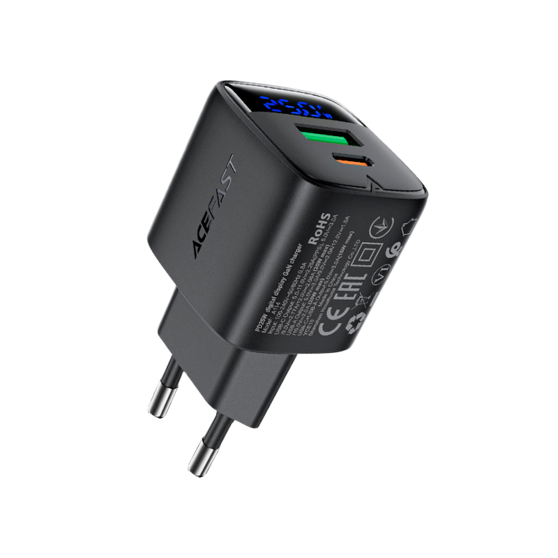 Picture of ACEFAST | A114 | 25W GaN Fast Wall Charger | Dual Port USB-C (PD/PPS 25W) + USB-A (20W) | LED Digital Display | 100–240V EU Plug | Multi-Protocol PD3.0/QC4+ | Flame-Retardant PC | Fast Charger for Android & iPhone 15