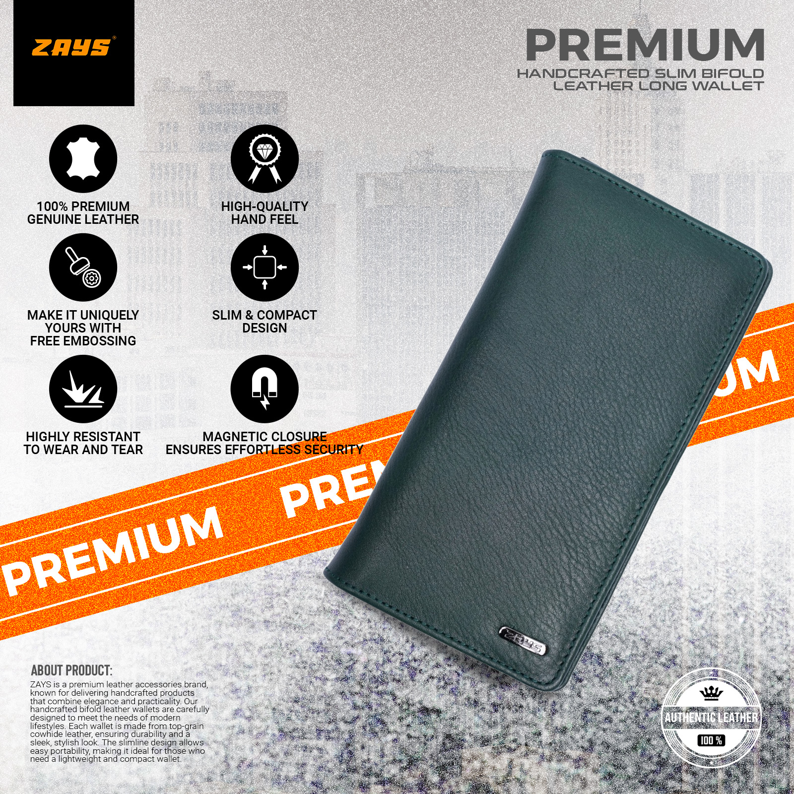 Picture of Zays Handcrafted Premium Eco-Friendly Leather Long Wallet for Mobile & Many things – Slim, Durable & Stylish Wallet for Unisex – Top-Grain Leather, Compact & Lightweight (Deep green)