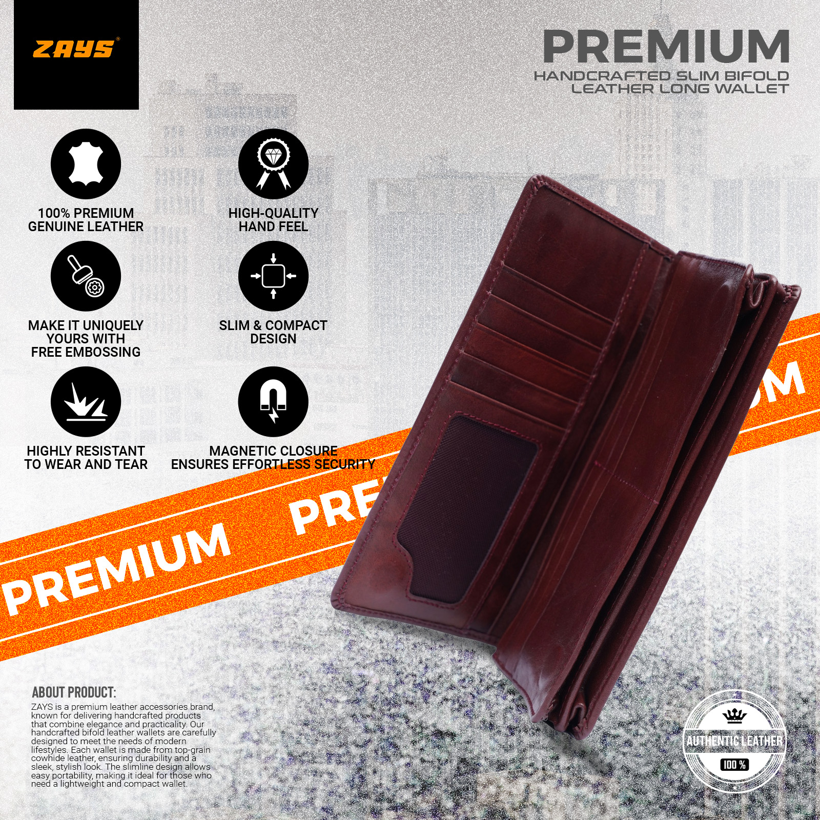 Picture of Zays Handcrafted Premium Eco-Friendly Leather Long Wallet for Mobile & Many things – Slim, Durable & Stylish Wallet for Unisex – Top-Grain Leather, Compact & Lightweight (Chocolate)