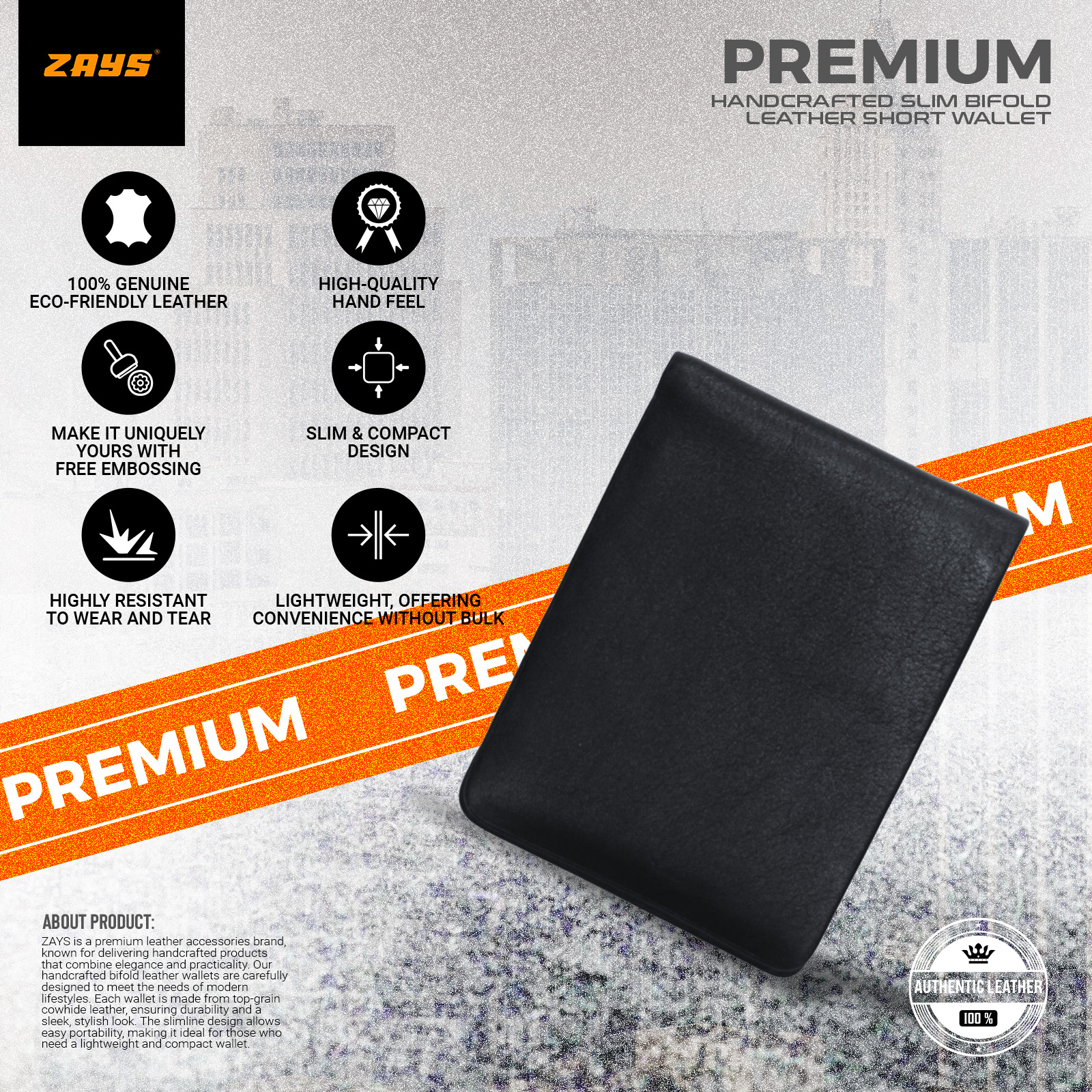 Picture of Zays Handcrafted Premium Eco-Friendly Leather Bifold Wallet – Slim, Durable & Stylish Short Wallet for Unisex – Top-Grain Leather, Compact & Lightweight (Black)