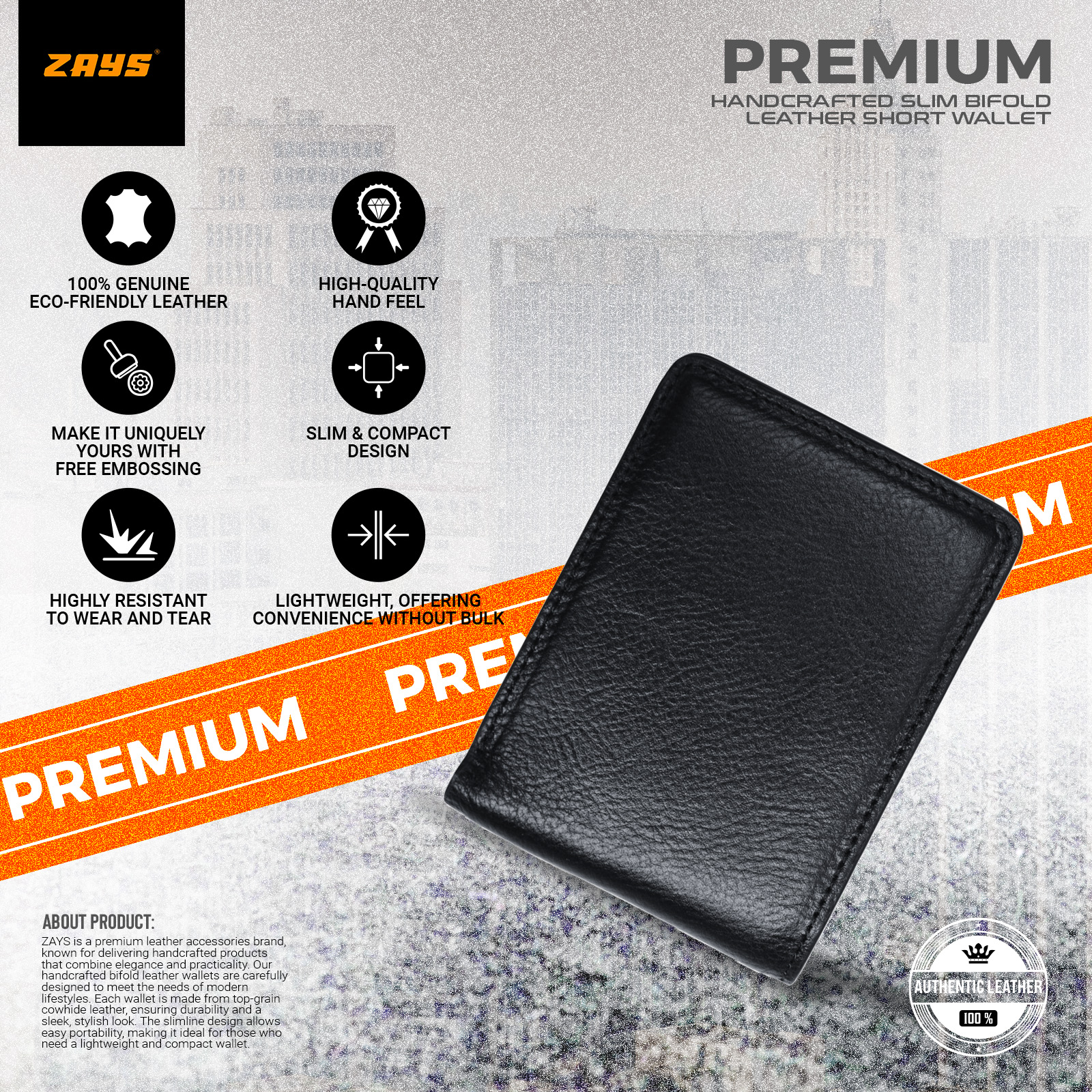 Picture of Zays Handcrafted Premium Eco-Friendly Leather Bifold Wallet – Slim, Durable & Stylish Short Wallet for Unisex – Top-Grain Leather, Compact & Lightweight (Black)