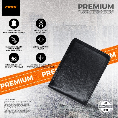 Picture of Zays Handcrafted Premium Eco-Friendly Leather Bifold Wallet – Slim, Durable & Stylish Short Wallet for Unisex – Top-Grain Leather, Compact & Lightweight (Black)