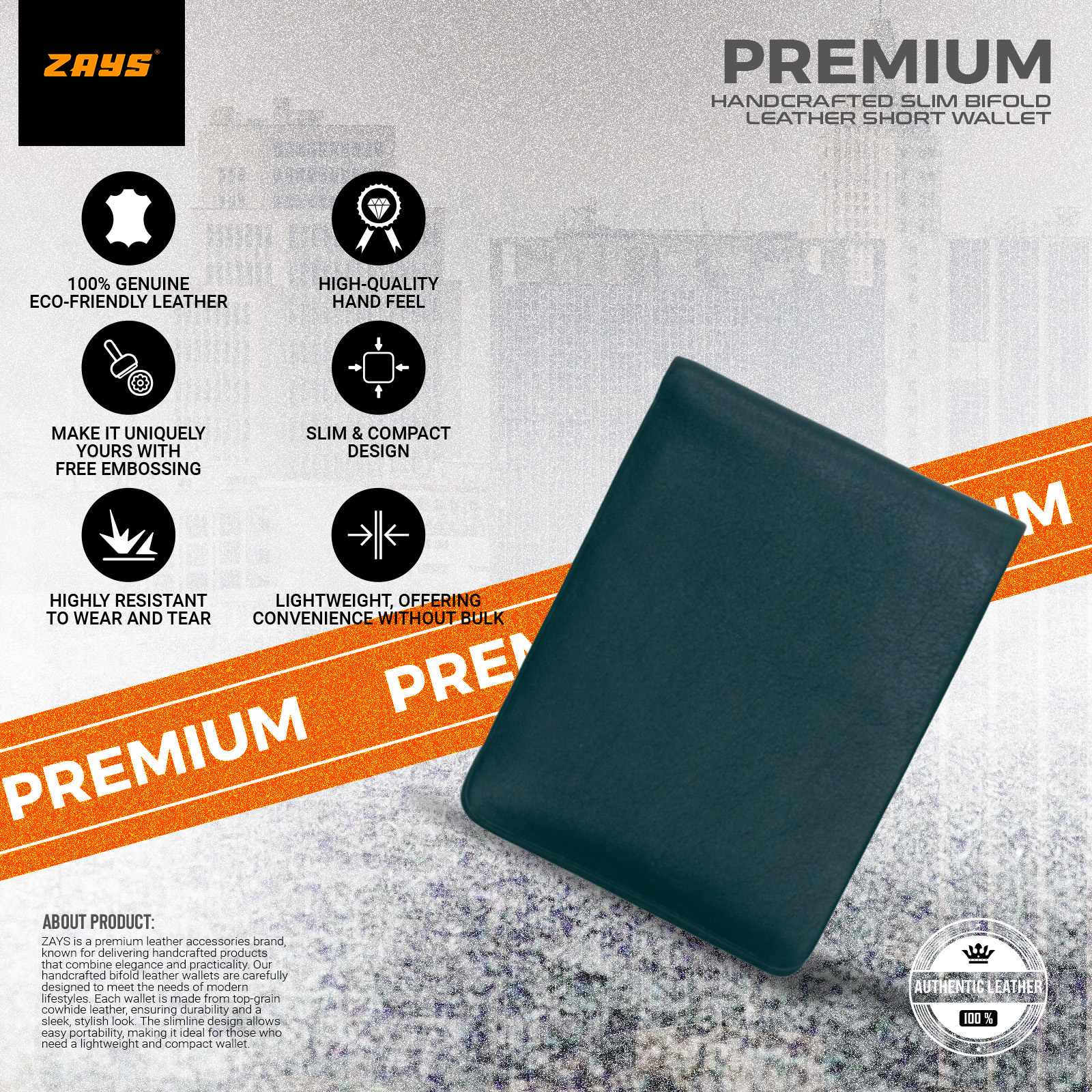 Picture of Zays Premium Handcrafted Slim Bifold Leather Short Wallet for Men & Women - Personalized Top-Grain Leather Wallet - Compact, Durable & Stylish