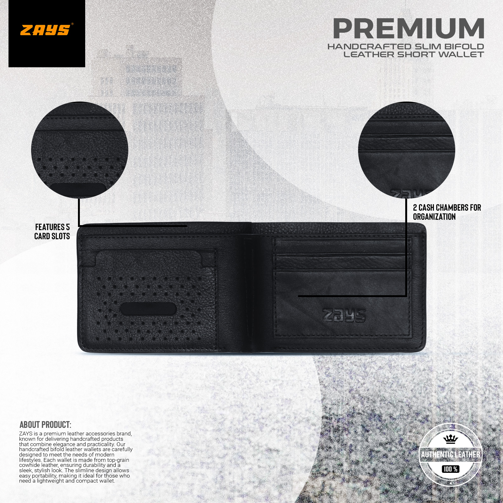 Picture of Zays Premium Handcrafted Slim Bifold Leather Short Wallet for Men & Women - Personalized Top-Grain Leather Wallet - Compact, Durable & Stylish (Black)