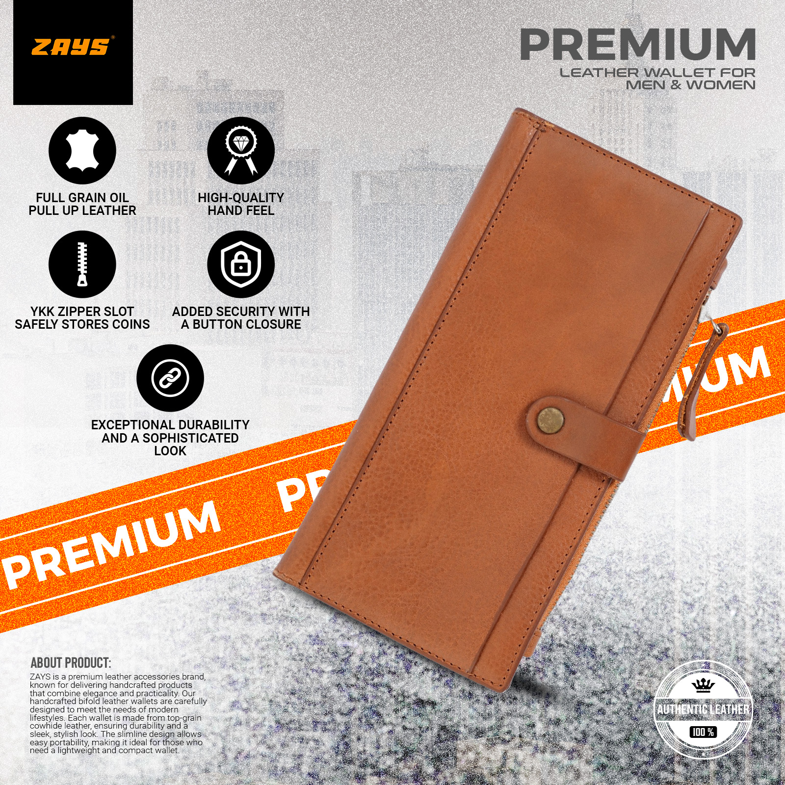 Picture of Zays Premium Leather Wallet for Men & Women – Full Grain Oil Pull Up Leather, 12 Card Slots, YKK Zipper, Stylish & Durable Wallet for Everyday Use