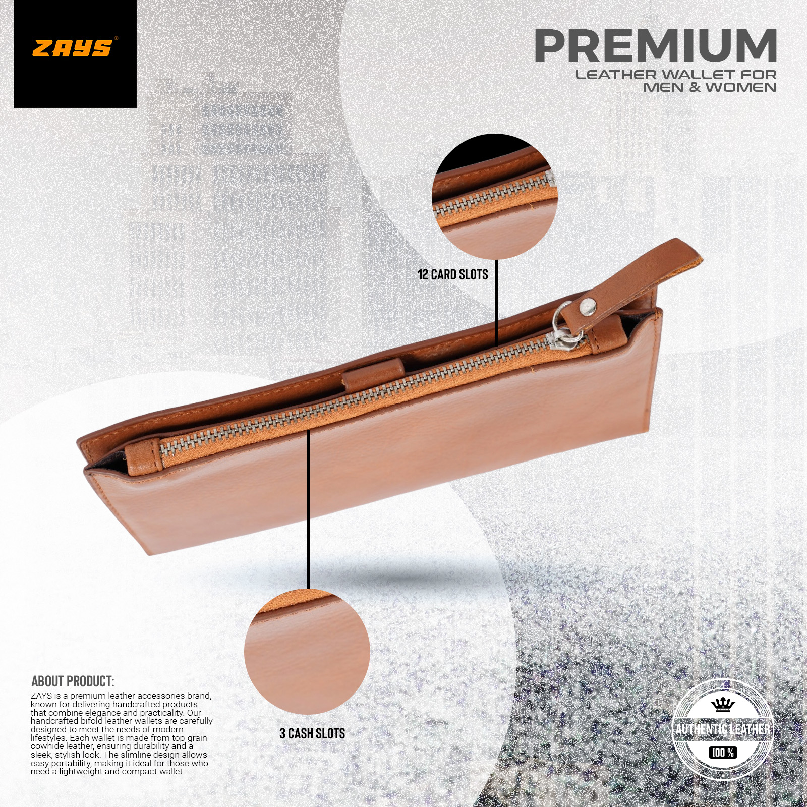 Picture of Zays Premium Leather Wallet for Men & Women – Full Grain Oil Pull Up Leather, 12 Card Slots, YKK Zipper, Stylish & Durable Wallet for Everyday Use