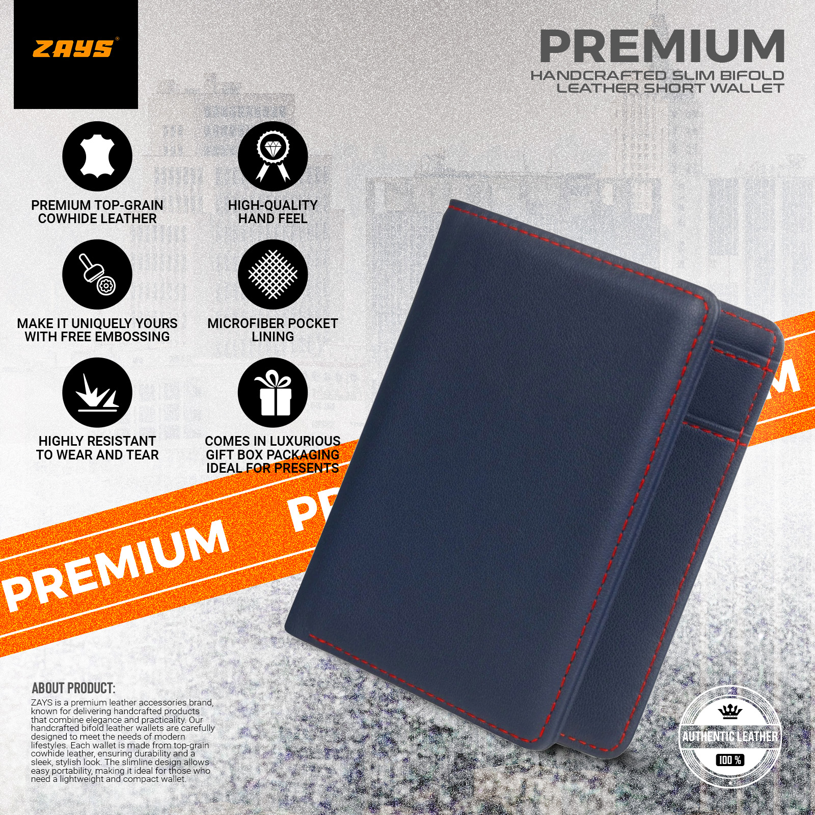 Picture of Zays Premium Handcrafted Slim Bifold Leather Short Wallet for Men & Women - Personalized Top-Grain Leather Wallet - Compact, Durable & Stylish (Navy Blue)