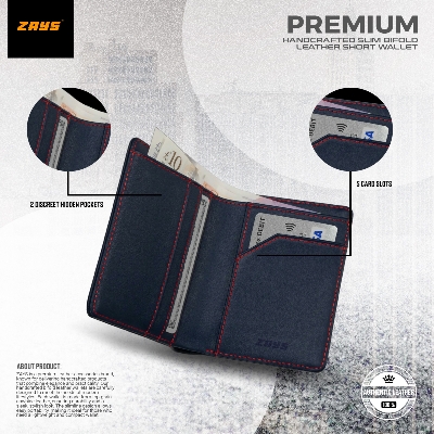 Picture of Zays Premium Handcrafted Slim Bifold Leather Short Wallet for Men & Women - Personalized Top-Grain Leather Wallet - Compact, Durable & Stylish (Navy Blue)