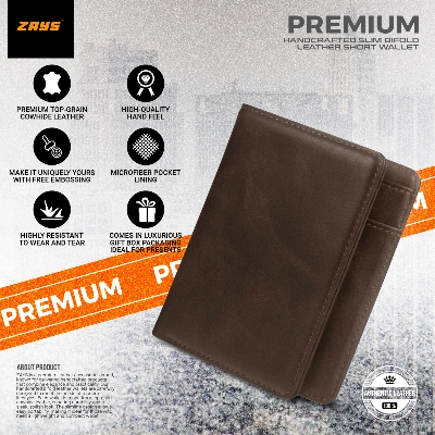Picture of Zays Premium Handcrafted Slim Bifold Leather Short Wallet for Men & Women - Personalized Top-Grain Leather Wallet - Compact, Durable & Stylish (Chocolate)