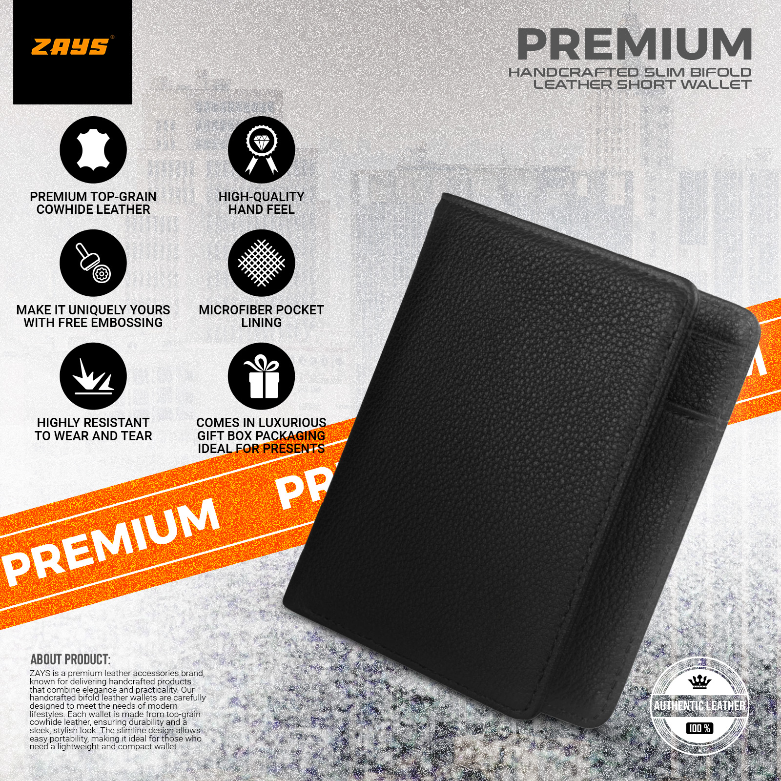 Picture of Zays Premium Handcrafted Slim Bifold Leather Short Wallet for Men & Women - Personalized Top-Grain Leather Wallet - Compact, Durable & Stylish (Black)