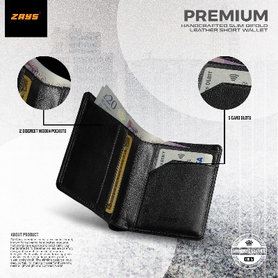 Picture of Zays Premium Handcrafted Slim Bifold Leather Short Wallet for Men & Women - Personalized Top-Grain Leather Wallet - Compact, Durable & Stylish (Black)