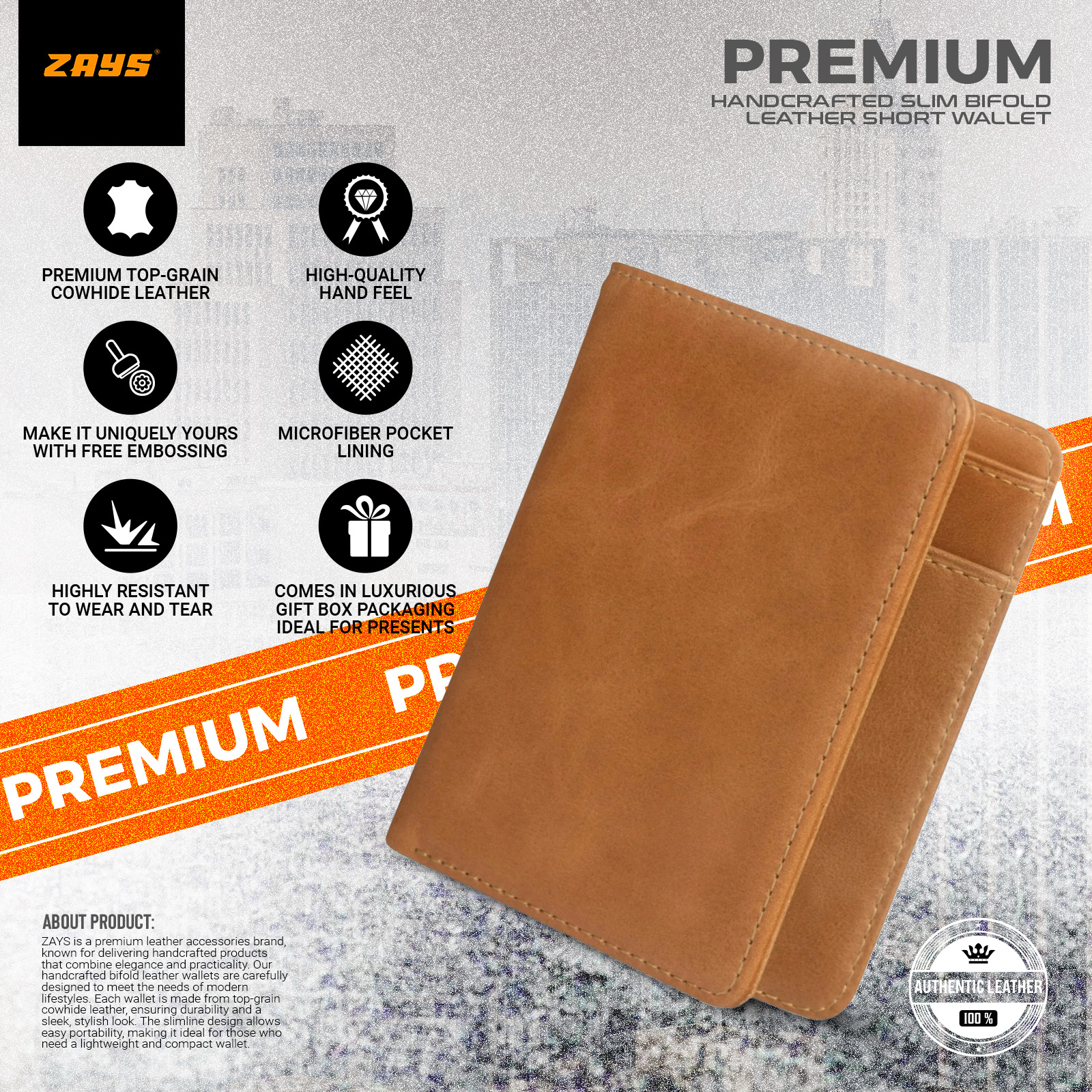 Picture of Zays Premium Handcrafted Slim Bifold Leather Short Wallet for Men & Women - Personalized Top-Grain Leather Wallet - Compact, Durable & Stylish (Brown)