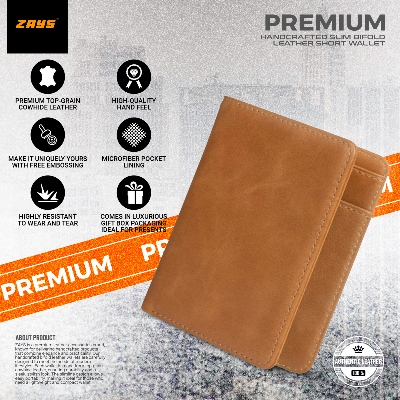 Picture of Zays Premium Handcrafted Slim Bifold Leather Short Wallet for Men & Women - Personalized Top-Grain Leather Wallet - Compact, Durable & Stylish (Brown)