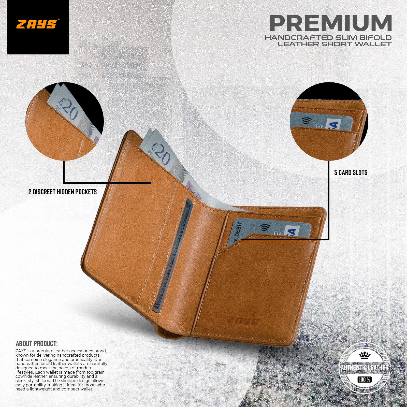 Picture of Zays Premium Handcrafted Slim Bifold Leather Short Wallet for Men & Women - Personalized Top-Grain Leather Wallet - Compact, Durable & Stylish (Brown)