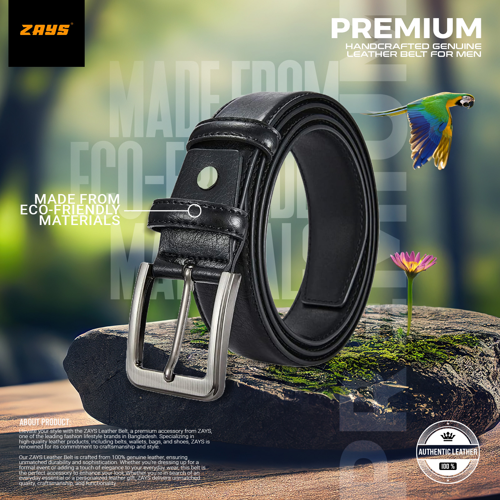 Picture of Zays Oversized Genuine Leather Belt for Men | Handcrafted 100% Full-Grain Leather | Durable & Adjustable Plus Size Belt (50"-70") | Classic Metal Buckle | Stylish Leather Belt for Jeans, Formal & Casual Wear | Perfect for Larger Waist Sizes 40" and Above