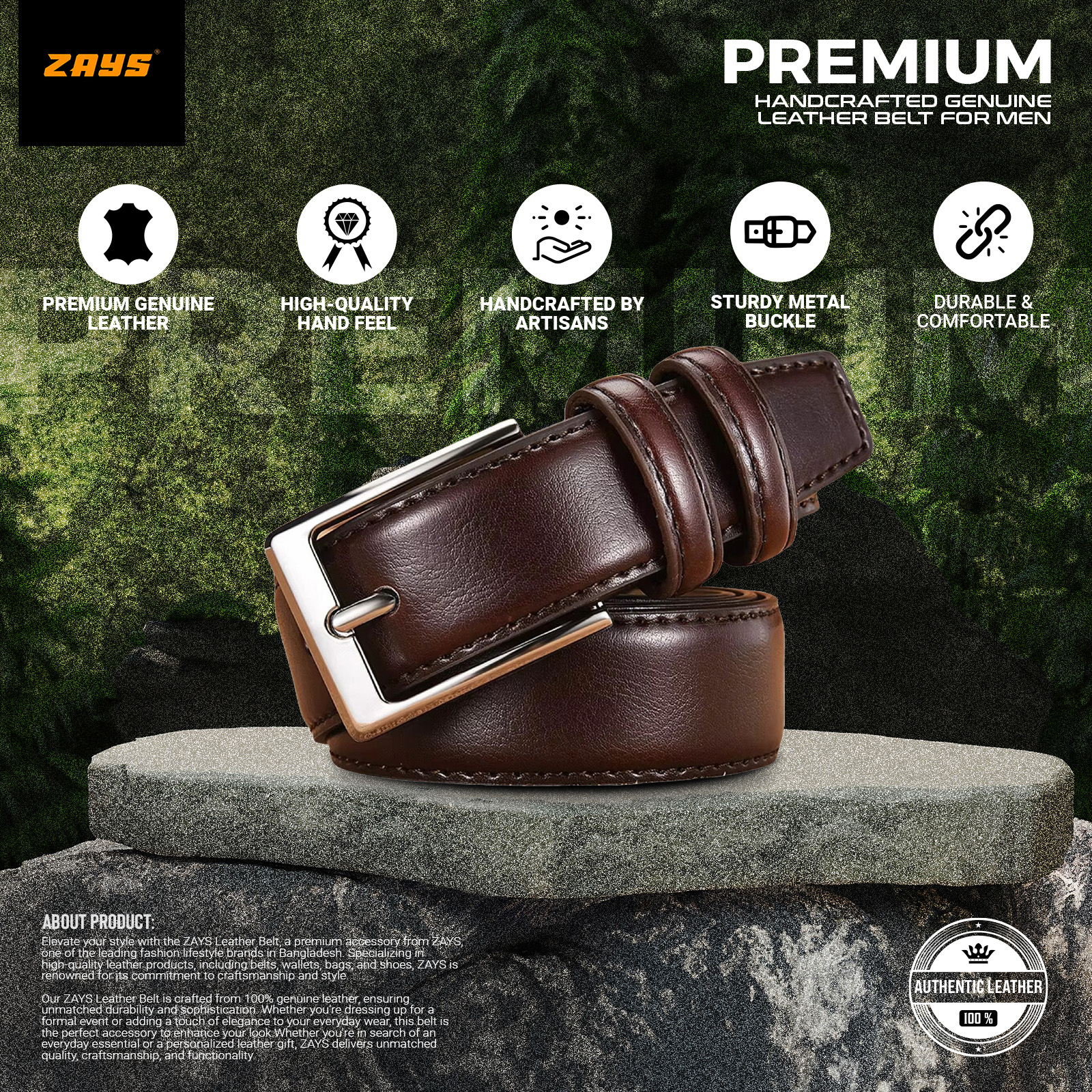 Picture of Zays Men’s Leather Belt – Premium Full-Grain Cowhide, Handmade in Bangladesh, Adjustable Fit, Rust-Proof & Nickel Free Buckle, Luxury Box Included, Ideal for Office, Casual, Traditional Wear, Wedding, Valentine, Events & Long-Term Daily Use