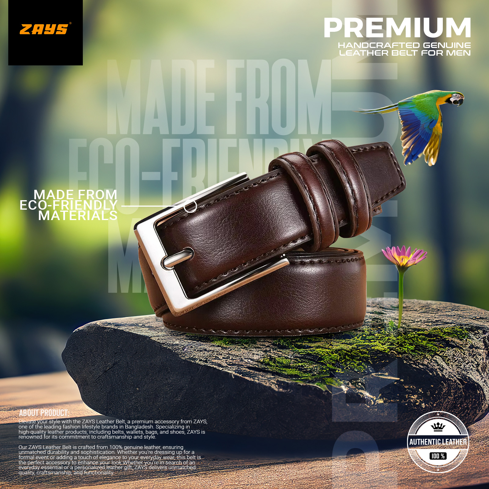Picture of Zays Men’s Leather Belt – Premium Full-Grain Cowhide, Handmade in Bangladesh, Adjustable Fit, Rust-Proof & Nickel Free Buckle, Luxury Box Included, Ideal for Office, Casual, Traditional Wear, Wedding, Valentine, Events & Long-Term Daily Use