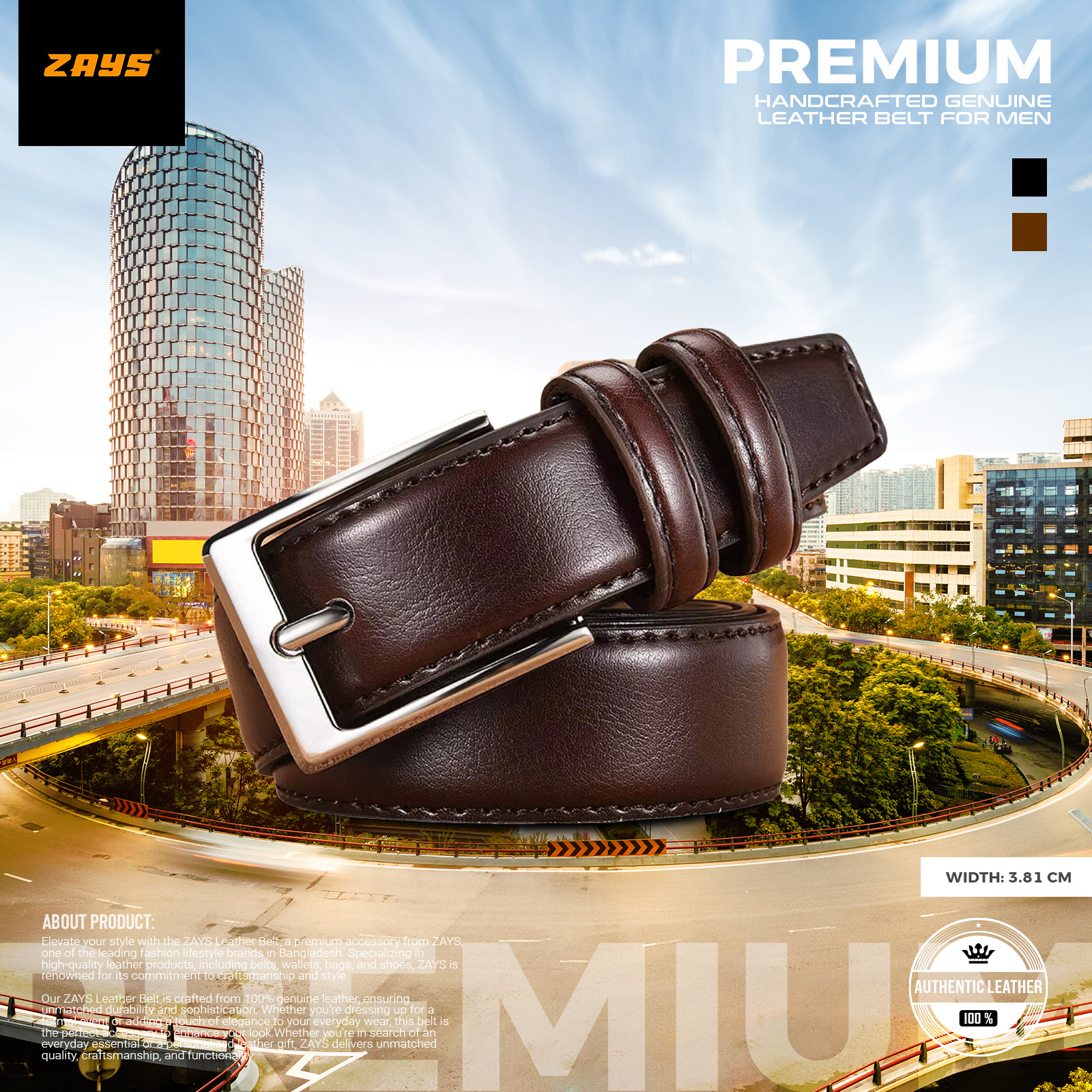 Picture of Zays Men’s Leather Belt – Premium Full-Grain Cowhide, Handmade in Bangladesh, Adjustable Fit, Rust-Proof & Nickel Free Buckle, Luxury Box Included, Ideal for Office, Casual, Traditional Wear, Wedding, Valentine, Events & Long-Term Daily Use