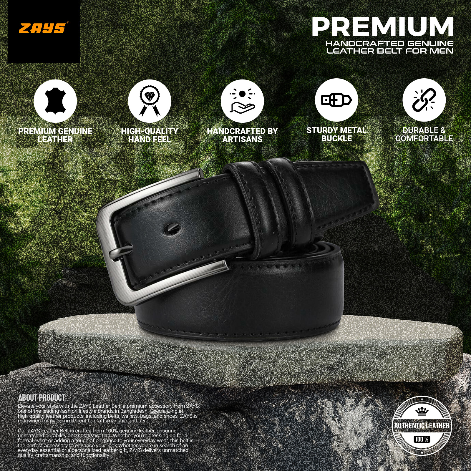 Picture of Zays Men’s Full-Grain Leather Belt – Premium Cowhide, Durable, Anti-Crack, Hand-Stitched, Sweat-Resistant, Cut-to-Fit, Suitable for Office Wear, Jeans, Blazer, Traditional Dress, Luxury Box Included for Any Occasional Gift