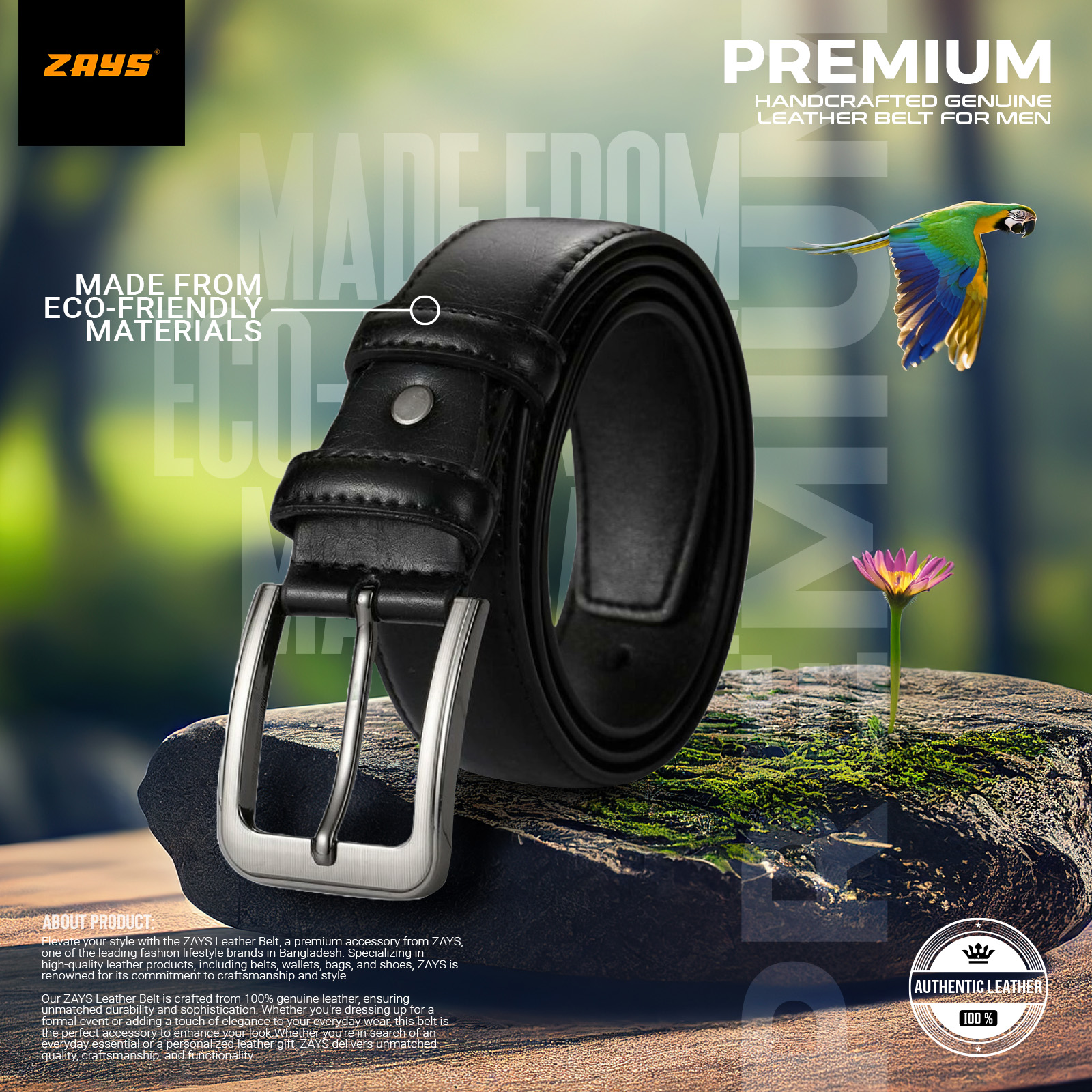 Picture of Zays Men’s Full-Grain Leather Belt – Premium Cowhide, Durable, Anti-Crack, Hand-Stitched, Sweat-Resistant, Cut-to-Fit, Suitable for Office Wear, Jeans, Blazer, Traditional Dress, Luxury Box Included for Any Occasional Gift